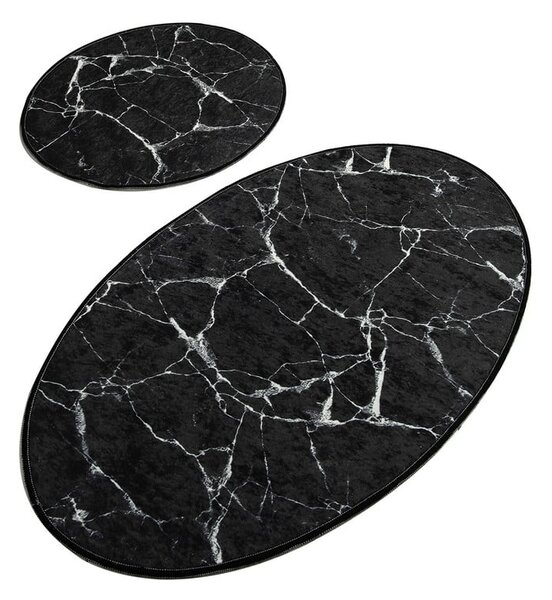 Komplet 2 črnih ovalnih kopalniških preprog Foutastic Marble