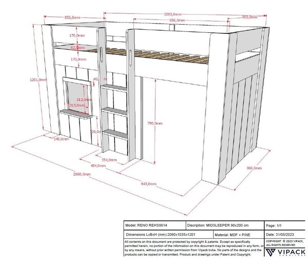Bela dvignjena otroška postelja iz masivnega bora 90x200 cm RENO – Vipack