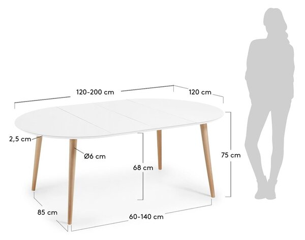 Raztegljiva jedilna miza z belo mizno ploščo ø 120 cm Oqui – Kave Home