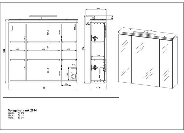 Antracitno siva kopalniška omarica z ogledalom in lučjo 76x74 cm Modesto – Germania