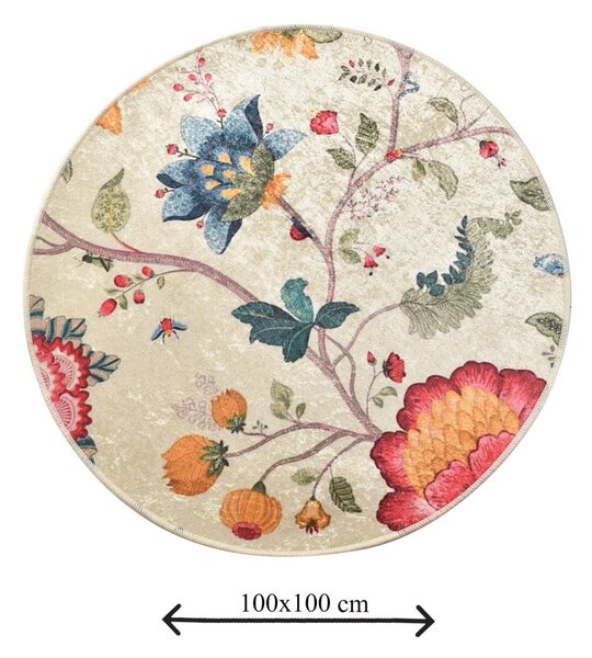 Bež žametna kopalniška preproga ø 100 cm Vintage Flower – Foutastic