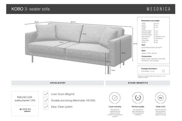 Siva sedežna garnitura 207 cm Kobo – MESONICA