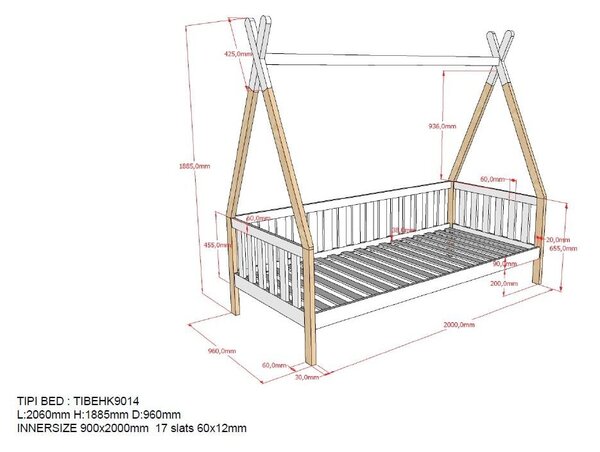 Bela otroška postelja Vipack Tipi , 90 x 200 cm