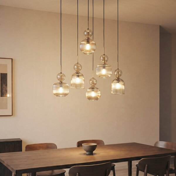TK Lighting Visoka svetilka Sophia, 6-žarilna, 65 cm, konjak/črna, E14, zatemnjen, Siva, Dnevna soba / jedilnica, Steklo
