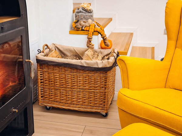 ATMOWOOD Naravna pletena košara za drva obšita - na koleščkih