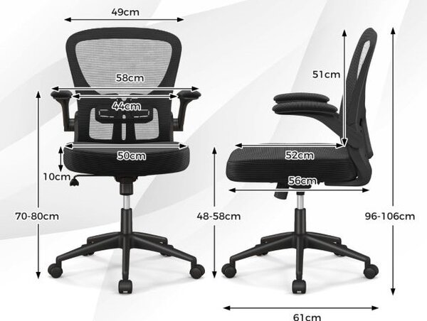 Ergonomski pisarniški stol z zložljivimi nasloni za roke, nastavljivo ledveno oporo in funkcijo zibanja