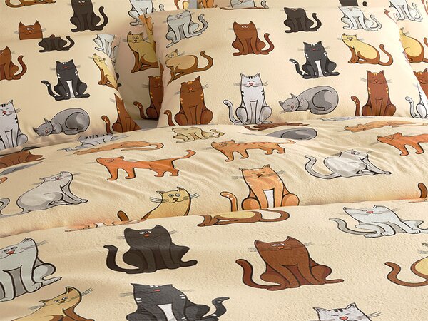 Set posteljnine mikropliš COLORED CATS kremna + rjuha mikropliš SOFT 90x200 cm bela, za enojno posteljo