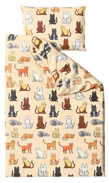 Set posteljnine mikropliš COLORED CATS kremna + rjuha mikropliš SOFT 90x200 cm bela, za enojno posteljo