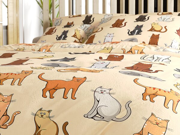Set posteljnine mikropliš COLORED CATS kremna + rjuha mikropliš SOFT 90x200 cm bela, za enojno posteljo