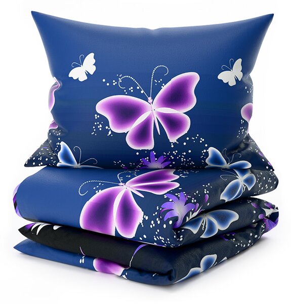 Komplet posteljnine mikropliš VIOLET BUTTERFLY temno modra + rjuha mikropliš SOFT 180x200 cm bela, zakonska postelja