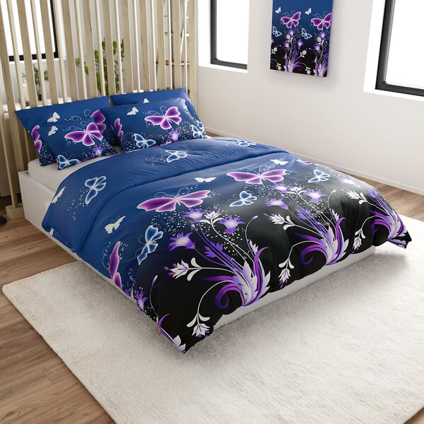 Komplet posteljnine mikropliš VIOLET BUTTERFLY temno modra + rjuha mikropliš SOFT 180x200 cm bela, zakonska postelja