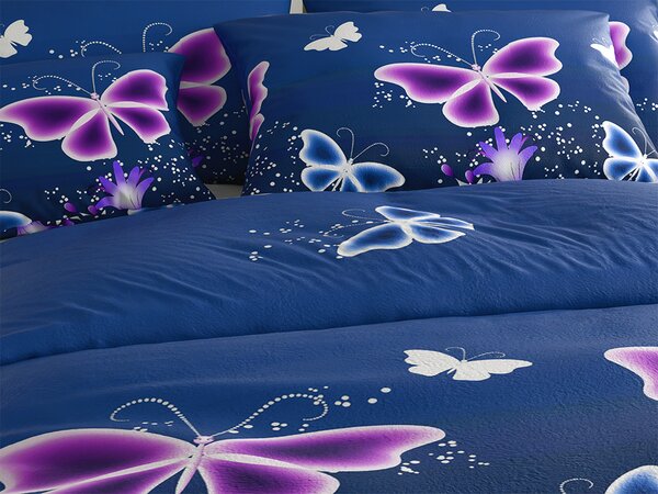 Komplet posteljnine mikropliš VIOLET BUTTERFLY temno modra + rjuha mikropliš SOFT 180x200 cm bela, zakonska postelja