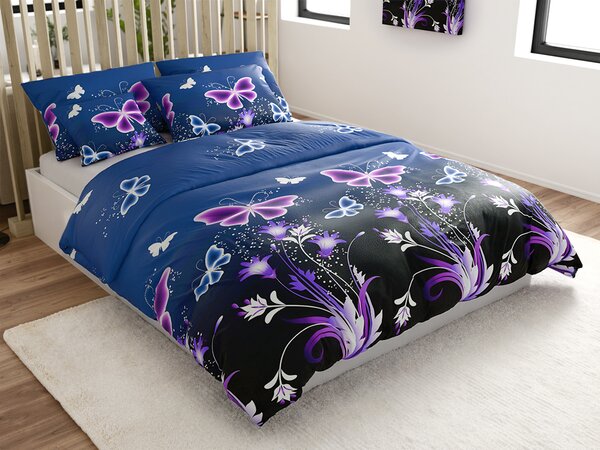 Komplet posteljnine mikropliš VIOLET BUTTERFLY temno modra + rjuha mikropliš SOFT 180x200 cm bela, zakonska postelja