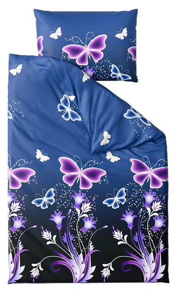 Komplet posteljnine mikropliš VIOLET BUTTERFLY temno modra + rjuha mikropliš SOFT 180x200 cm bela, zakonska postelja
