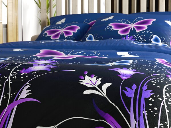 Komplet posteljnine mikropliš VIOLET BUTTERFLY temno modra + rjuha mikropliš SOFT 180x200 cm bela, zakonska postelja