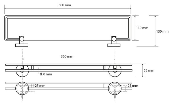 SAPHO XR600 X-Round E steklena polica z odklopnoloputo 60 x 13 cm