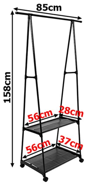 Obešalnik na kolesih s policami za čevlje 158cm črn