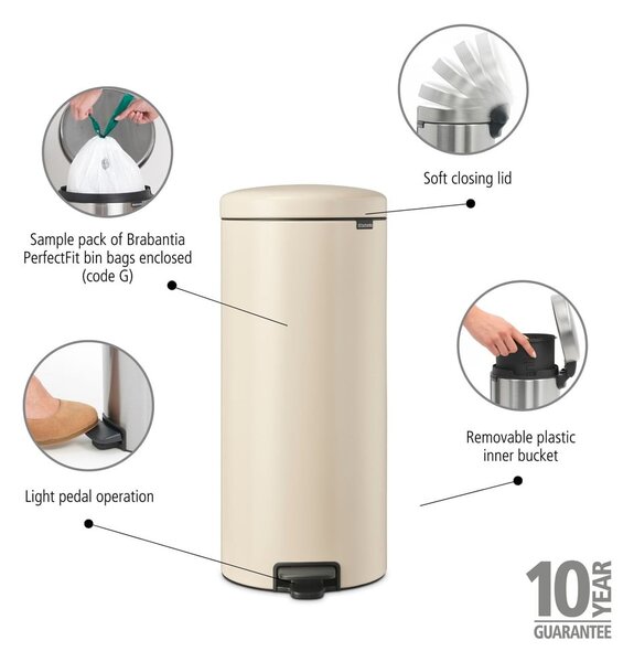 Bež jeklen koš za smeti s pedalom 30 l NewIcon – Brabantia