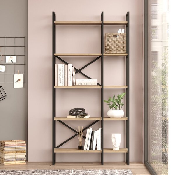 Črn/naravni regal v hrastovem dekorju 87,5x175 cm Dusan – Marckeric