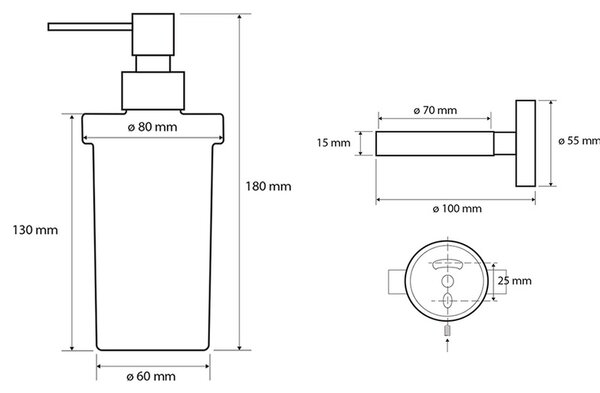 SAPHO XB100 X-Round črni dozirnik za milo, mlečnosteklo/črna barva, 230 ml