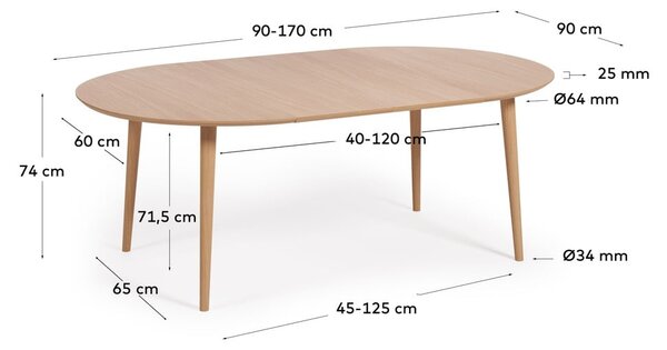 Okrogla raztegljiva jedilna miza v hrastovem dekorju ø 90 cm Oqui – Kave Home