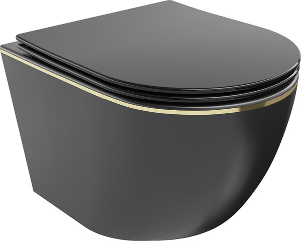 Mexen Lena wc školjka Rimless s pokrovom počasnega zapiranja slim, duroplast, črna mat/zlata linija - 30224075