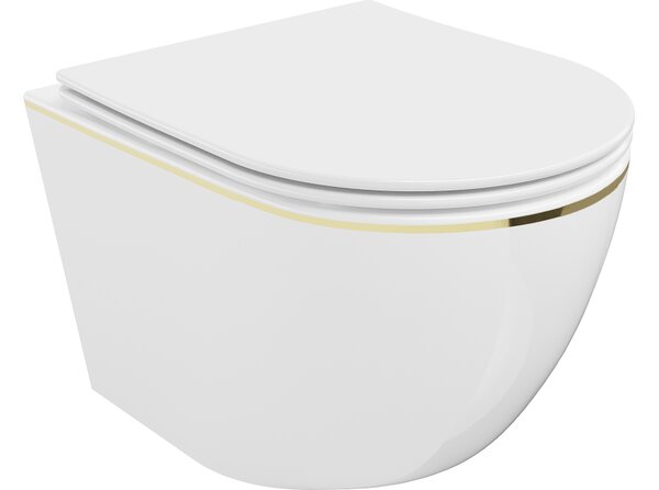 Mexen Lena wc školjka Rimless z desko z mehkim zapiranjem slim, duroplast, bela/zlata črta - 30224005