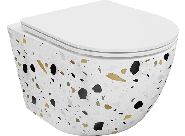 Mexen Lena WC školjka Rimless s tankim počasi zapirajočim pokrovom, duroplast, beli terrazzo kamen - 30224096