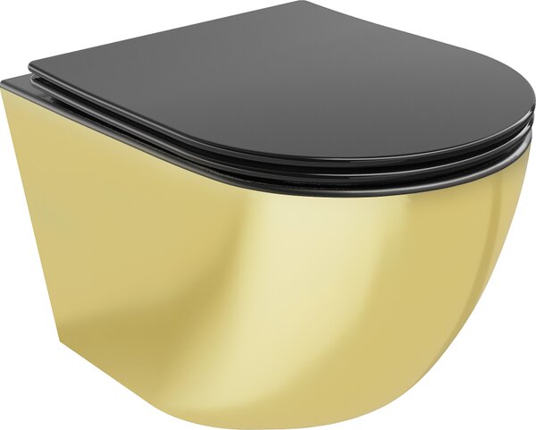 Mexen Lena WC školjka Rimless s desko z mehkim zapiranjem slim, duroplast, črna mat/zlata - 30224076