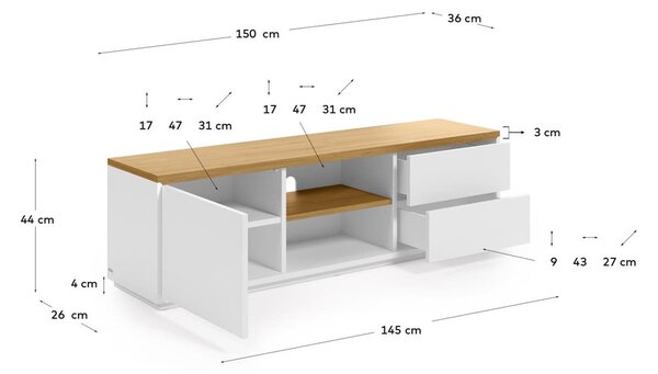 Bela TV omarica v hrastovem dekorju 150x44x36 cm Abilen – Kave Home