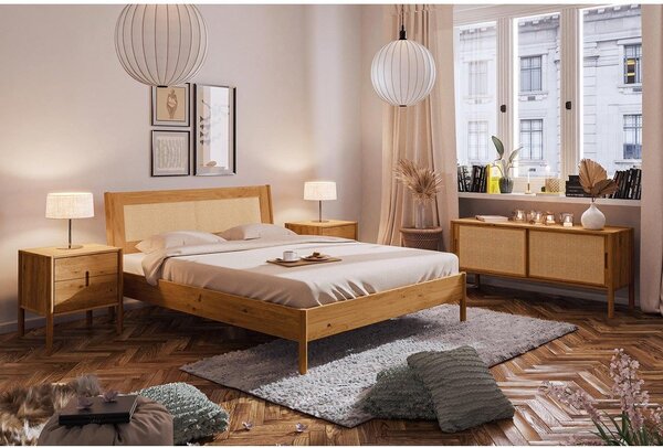 Hrastova zakonska postelja z vzglavjem iz ratana 160x200 cm Pola - The Beds
