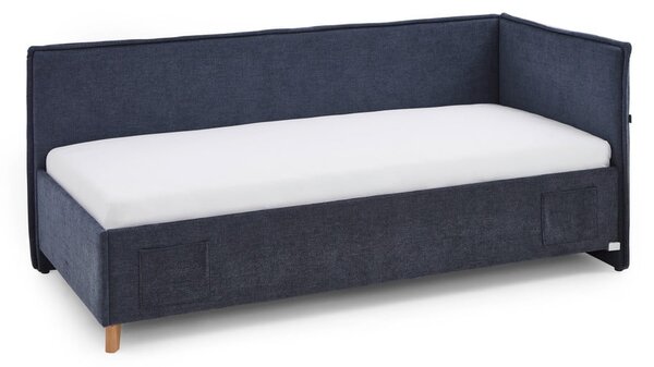 Temno modra oblazinjena kotna otroška postelja s prostorom za shranjevanje z letvenim dnom 90x200 cm Fun – Meise Möbel