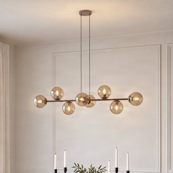 EMIBIG LIGHTING Visoka svetilka Rossi, bež, dolžina 130 cm, 8-žarilna, steklo/kovina, zatemnjen, Bež, Dnevna soba / jedilnica, Steklo, Sodobni, Globus