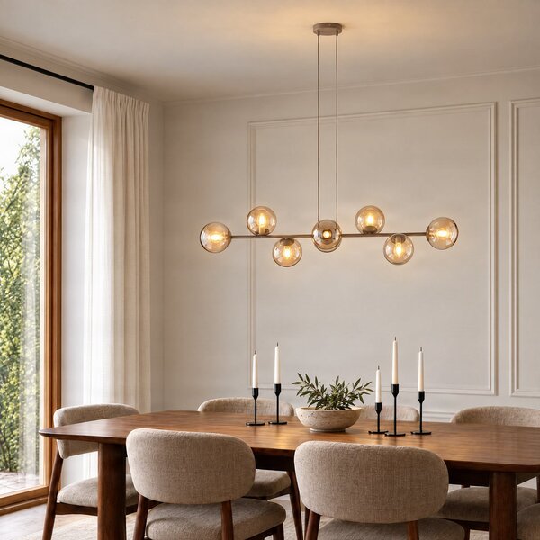 EMIBIG LIGHTING Visoka svetilka Rossi, bež, dolžina 130 cm, 8-žarilna, steklo/kovina, zatemnjen, Bež, Dnevna soba / jedilnica, Steklo, Sodobni, Globus