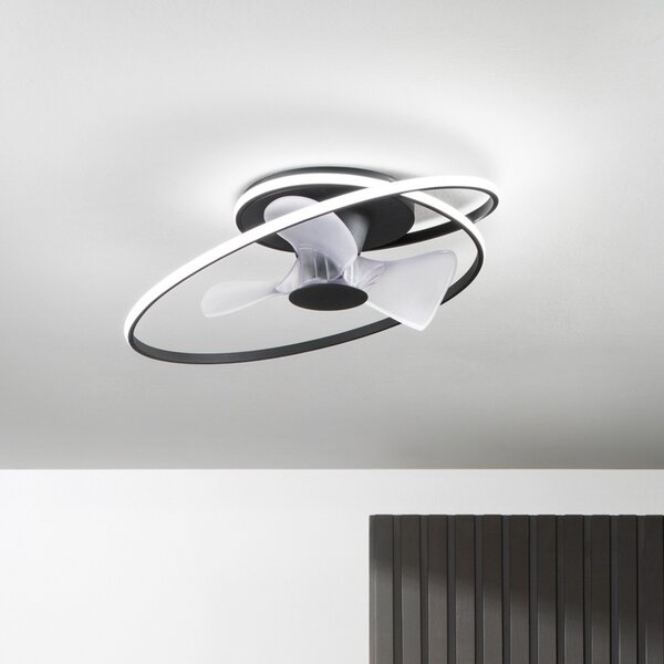 INTEC LED stropni ventilator Storm, črno-bel, Ø 77 cm CCT, tiho delovanje, zatemnjen, Črna, Dnevna soba / jedilnica, Kovina, Sodobni