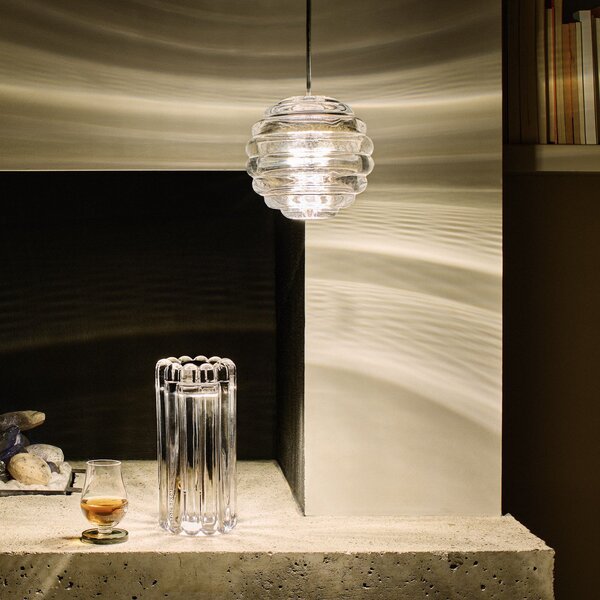 Tom Dixon LED obesna svetilka Press Sphere, prozorna, Ø 14 cm, 927, zatemnjen, Prozorna, Dnevna soba / jedilnica, Steklo, Dizajn