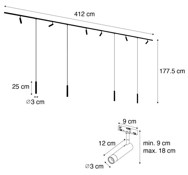 Modern railsysteem met 6 spots en 4 hanglampen wit 1-fase - Slimline Uzzy Keno