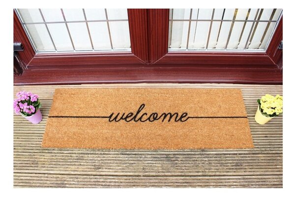 Črn dolg predpražnik iz naravnih kokosovih vlaken Artsy Doormats Welcome, 120 x 40 cm