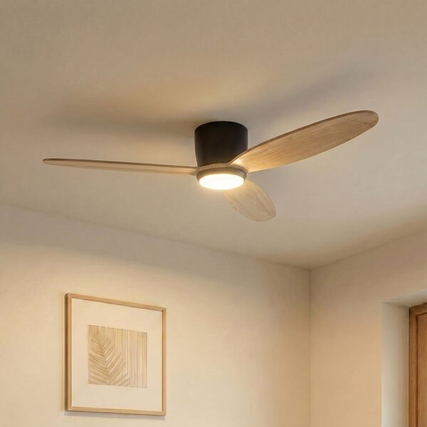 Lucande LED stropni ventilator Lignia, premer 132 cm, CCT, z možnostjo, zatemnjen, Les, Dnevna soba / jedilnica, Les, Skandinavski