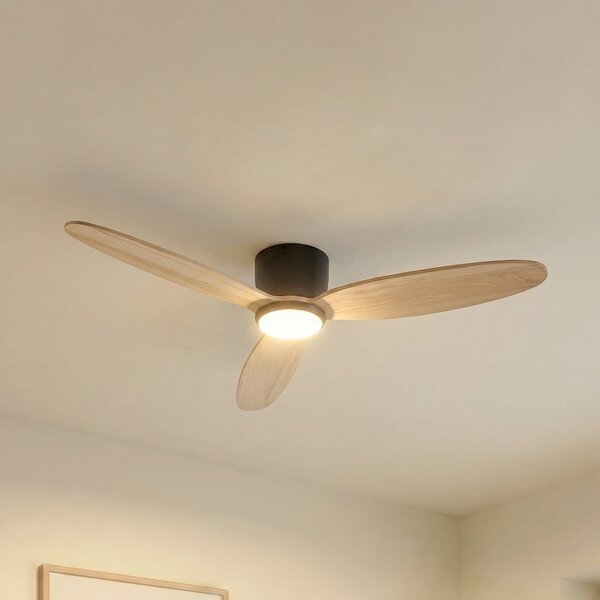 Lucande LED stropni ventilator Lignia, premer 132 cm, CCT, z možnostjo, zatemnjen, Les, Dnevna soba / jedilnica, Les, Skandinavski