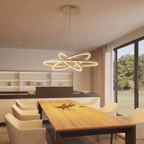 Arcchio LED-visoka svetilka Albiona, bež, 3 obroči, Ø 80 cm, zatemnjen, Bež, Dnevna soba / jedilnica, Kovina, Sodobni
