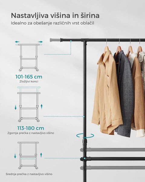 Stojalo za oblačila dvonivojsko JASON, 101-165x49x113-180cm, črna SongmicsHome