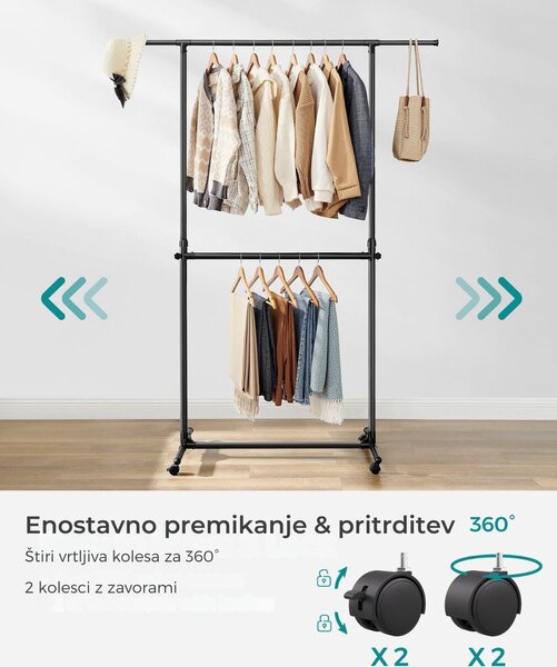 Stojalo za oblačila dvonivojsko JASON, 101-165x49x113-180cm, črna SongmicsHome