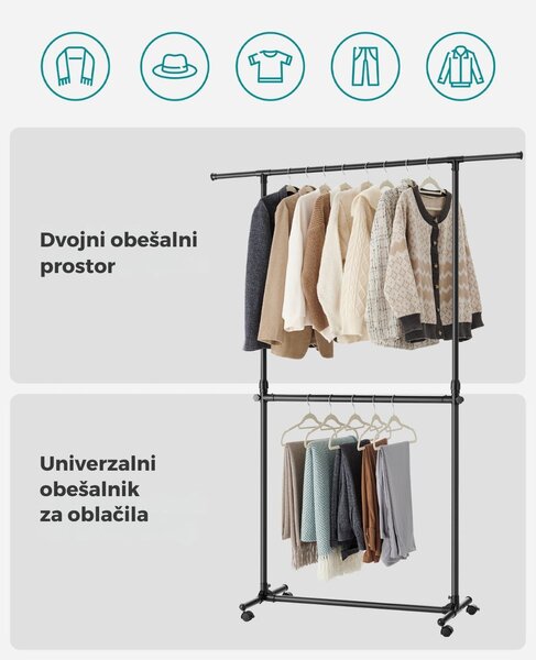 Stojalo za oblačila dvonivojsko JASON, 101-165x49x113-180cm, črna SongmicsHome