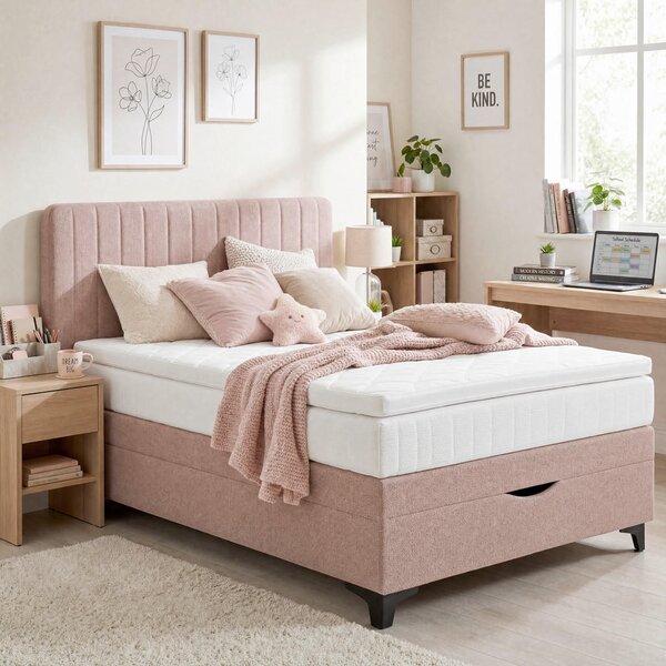 BOXSPRING POSTELJA 120 cm x 200 cm , tekstil starinsko roza