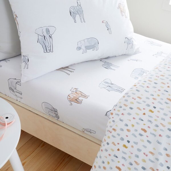 Bela napenjalna bombažna otroška rjuha za otroško posteljico 70x140 cm Zoo Animals – Bianca