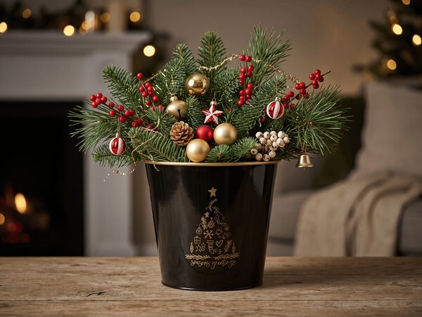 Božični cvetlični lonček SEASONS GREETINGS 30 cm, črna / zlata