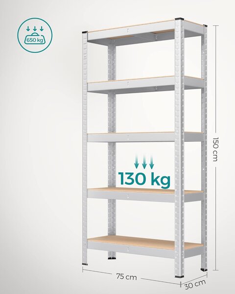 Kovinska polica na 5 nivojih, nosilnost 650 kg, 30 x 75 x 150 cm, srebrna | SONGMICS