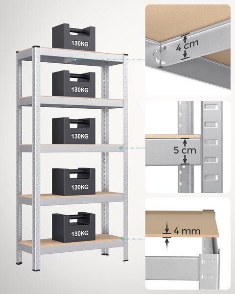Kovinska polica na 5 nivojih, nosilnost 650 kg, 30 x 75 x 150 cm, srebrna | SONGMICS