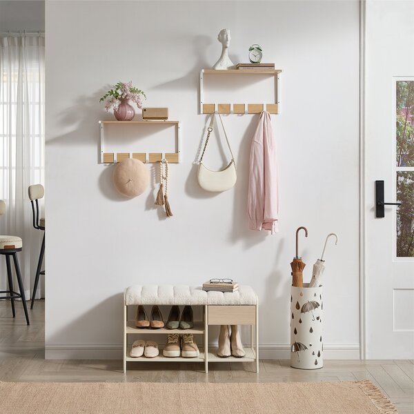 Set 2 stenskih polic, 50 x 24,2 x 26,5 cm, v barvi lesa in bele barve | VASAGLE